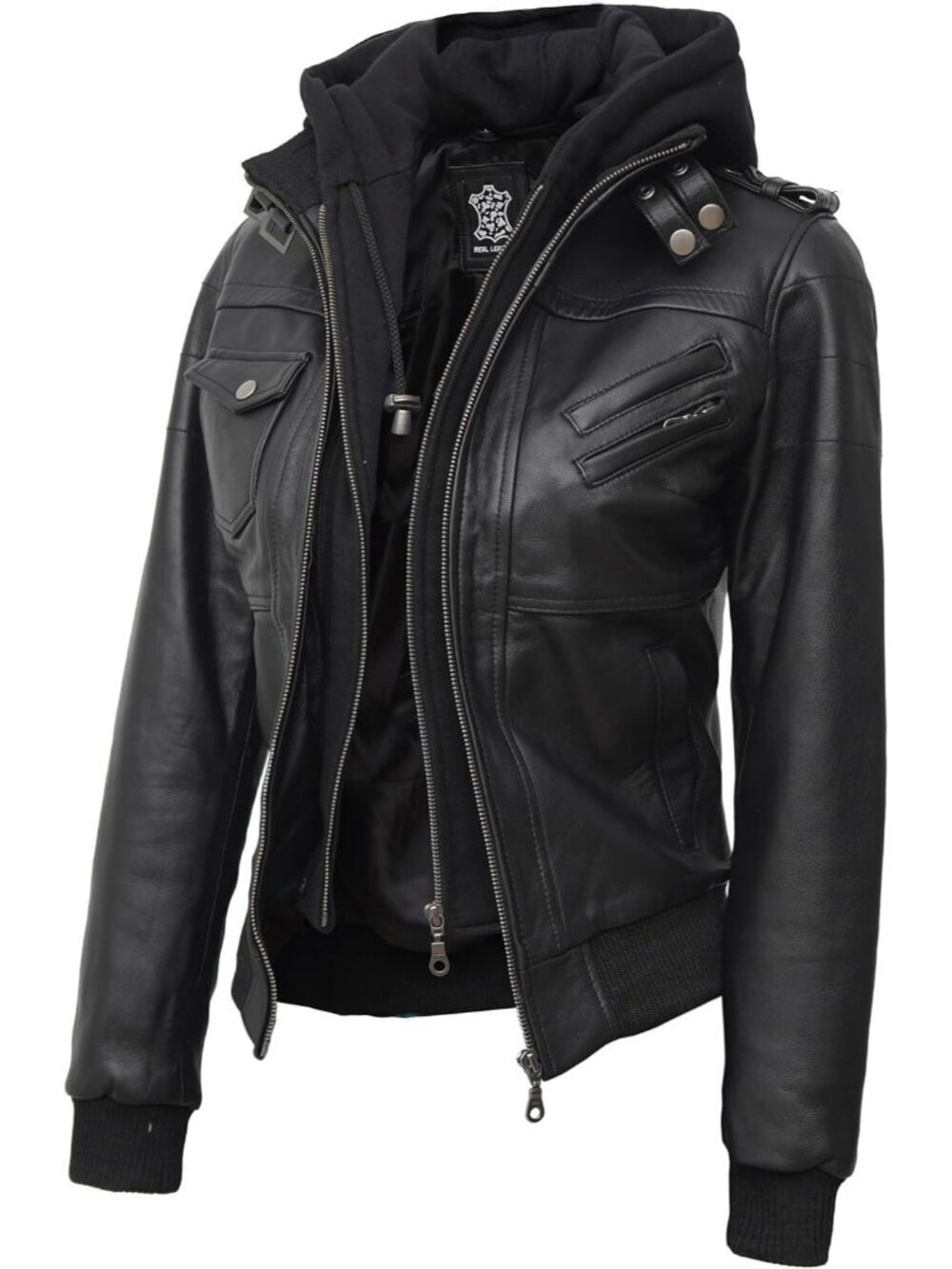 Women’s Black Leather Bomber Jacket Detachable Hood Casual Stylish Coat